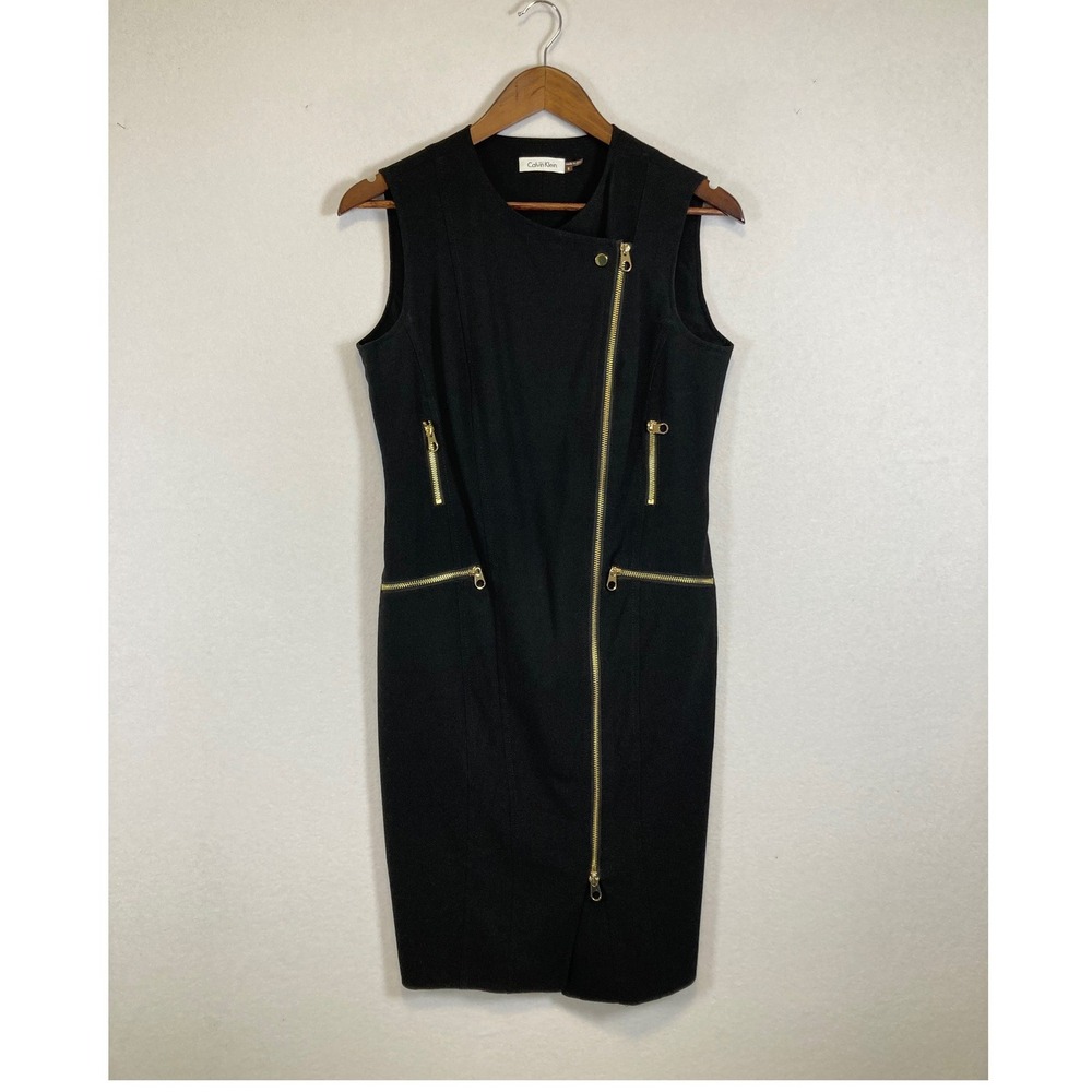 Calvin Klein Sheath‎ Dress Women 6 Black Asymmetrical Gold Zip Sleeveless Moto